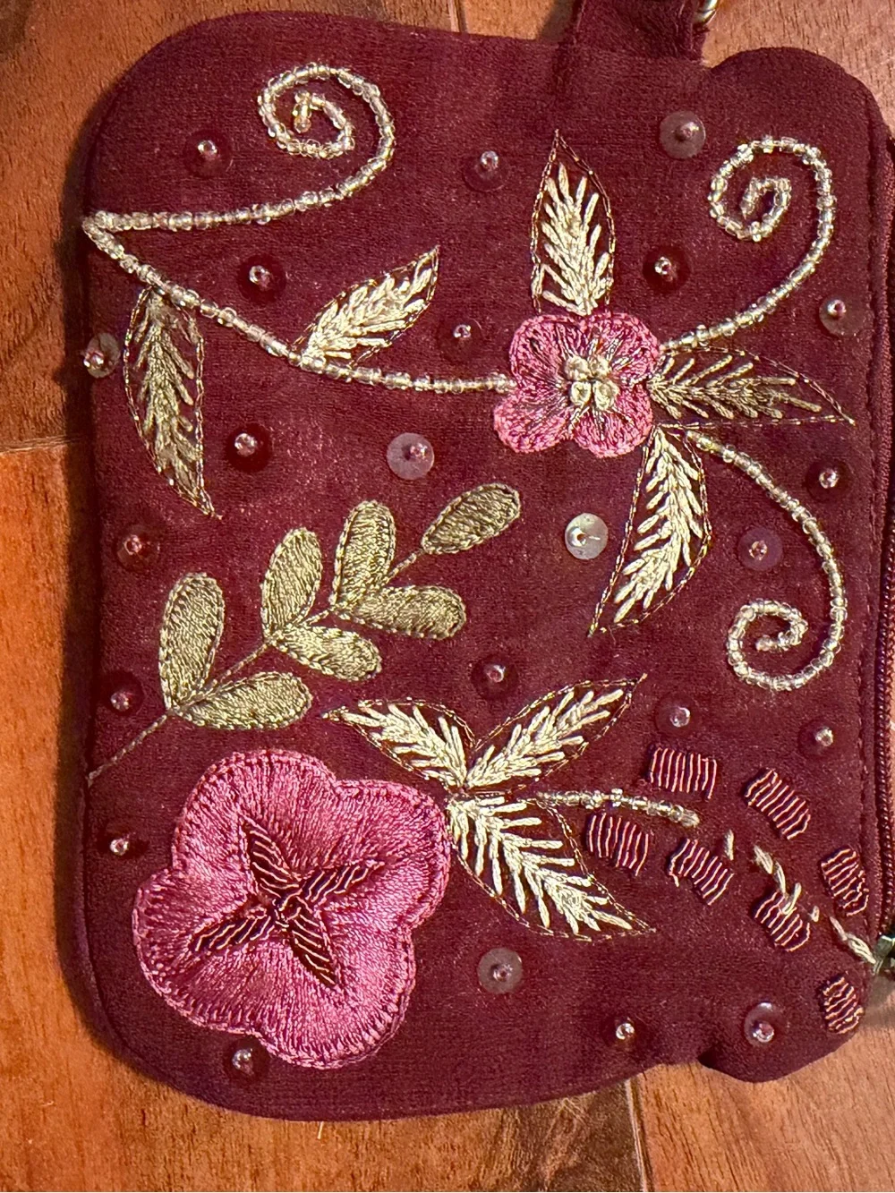 Vintage Express Small Maroon Embroidered Fabric Purse Wristlet Bag Beaded Floral